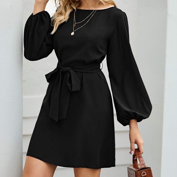 lantern long sleeve belted mini dress olive - Picture 3 of 15